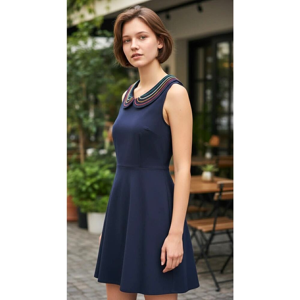 ModCloth Navy Fit & Flare Dress M Sleeveless Stretch Side Zip Retro Inspired EUC